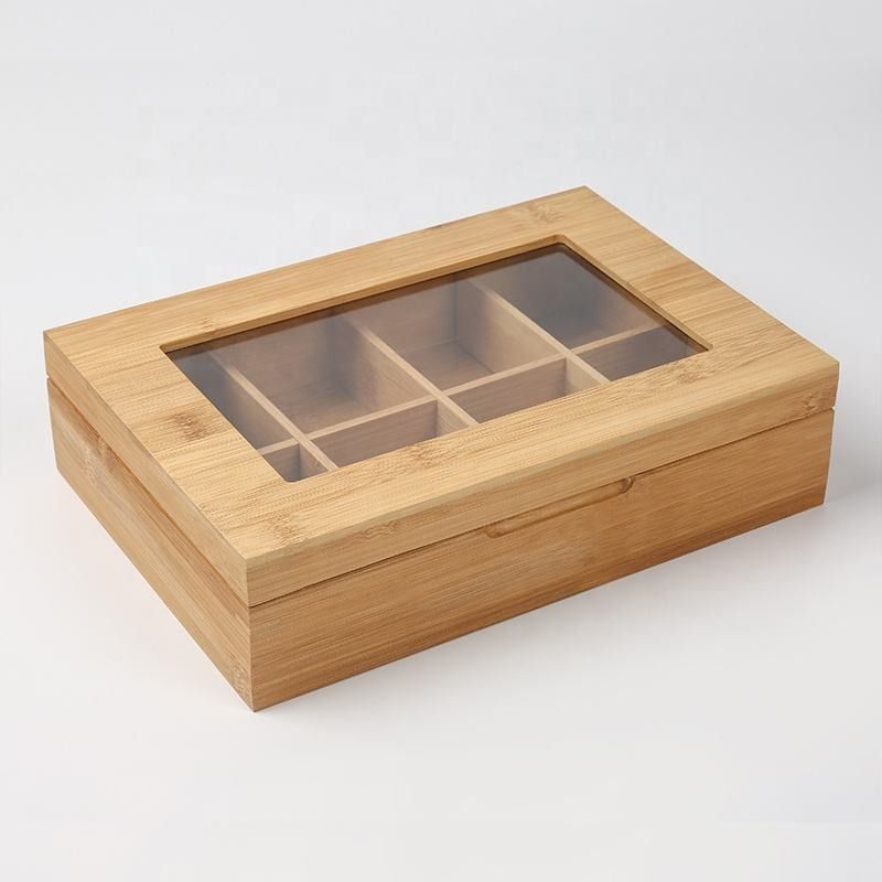 8 ช่องใส่บานพับไม้กล่องเก็บของกล่องชาไม้ไผ่ออแกไนเซอร์จัดเก็บ
