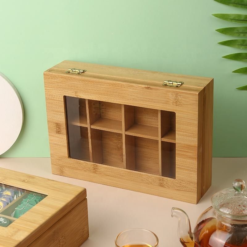 8 ช่องใส่บานพับไม้กล่องเก็บของกล่องชาไม้ไผ่ออแกไนเซอร์จัดเก็บ